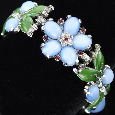 Trifari 'Alfred Philippe' Blue Moonstone Cabochons Pastel Five Petalled Flower and Enamel Leaves Bracelet