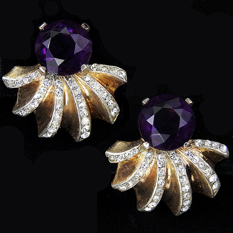 Trifari Sterling 'Alfred Philippe' Gold Pave and Amethyst Pinwheel Button Clip Earrings