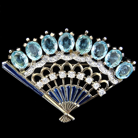 Trifari 'Alfred Philippe' 'Fontainebleau' Gold Pave Aquamarine and Dark Blue Enamel Fan Pin