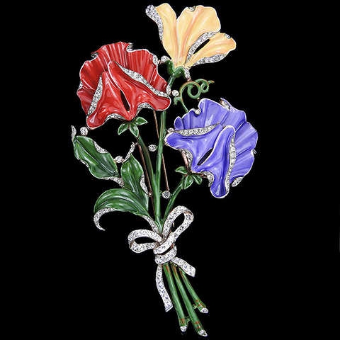 Trifari 'Alfred Philippe' Pave and Mauve Red and Salmon Pink Enamel Three Flowers Giant Sweet Pea Floral Spray with Bow Pin Clip