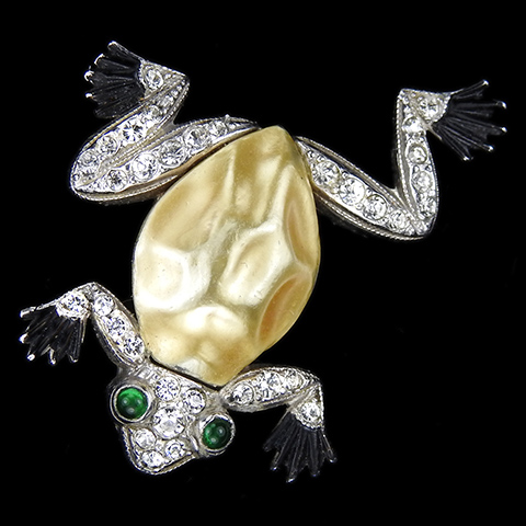 Trifari 'Alfred Philippe' Pave and Enamel Miniature Pearl Belly Frog Pin