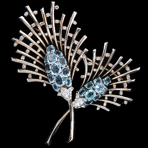 Trifari Sterling 'Alfred Philippe' Gold Pave and Aquamarines Double Feathery Flowers or Flames Pin