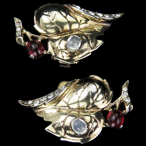 Trifari Sterling 'Alfred Philippe' 'Dewdrops' Ruby and Moonstone Raindrop on Leaf Clip Earrings