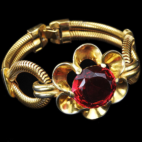 Trifari 'Alfred Philippe' Gold Diamond Cut Ruby and Knotted Gaspipes Flower Bracelet