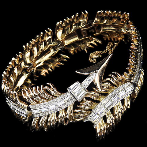 Trifari 'Alfred Philippe' 'L'Aiglon' Gold Pave and Baguettes Eagle Feather Arrow Bracelet