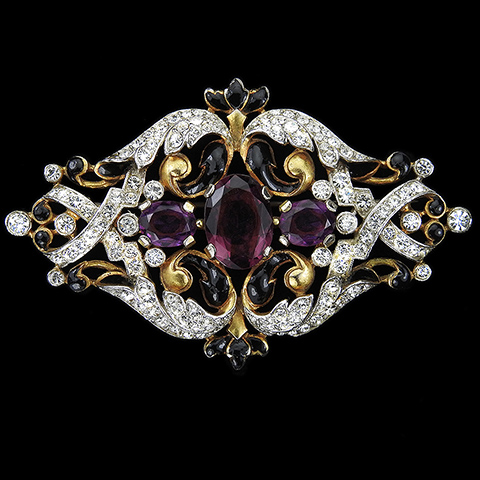 Trifari 'Alfred Philippe' Gold and Pave Scrolls Black Enamel and Amethysts Bar Pin