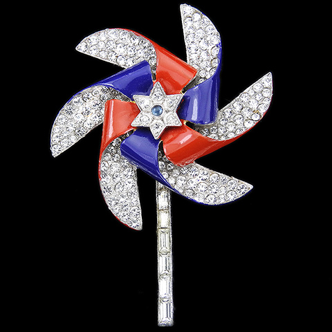 Trifari 'Alfred Philippe' WW2 US Patriotic Pave and Baguettes Rotating Pinwheel Windmill Star Pin