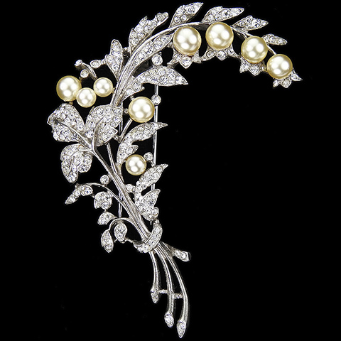 Trifari Sterling 'Alfred Philippe' Pave Leaves and Pearl Flower Buds Floral Spray with Bow Pin Clip