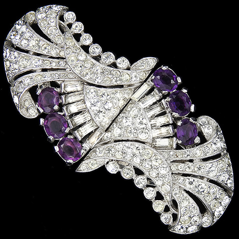 Trifari 'Alfred Philippe' Pave Diamante Baguettes and Amethysts Deco Shield Swirls Dress Clips or Clipmate Pin