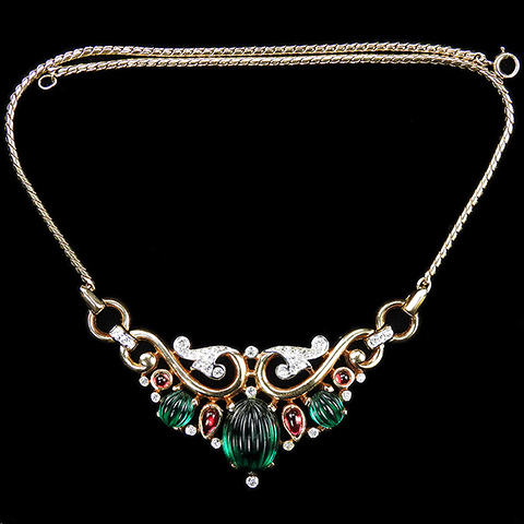 Trifari 'Alfred Philippe' Moghul Jewels Gold and Pave Scrolls Melon Cut Emeralds and Ruby Cabochons Choker Necklace