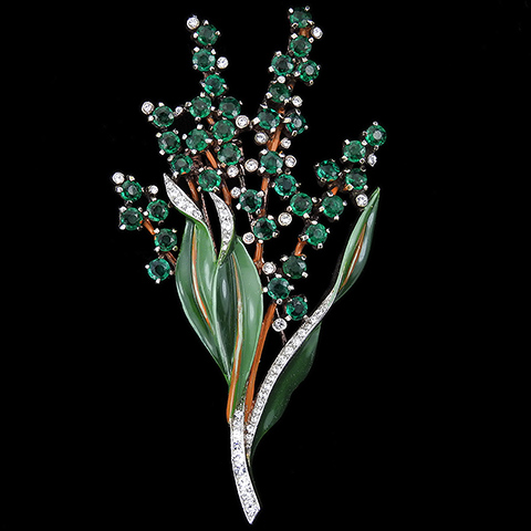 Trifari 'Alfred Philippe' Pave and Enamel Leaves and Emerald Flowers Floral Spray Pin Clip
