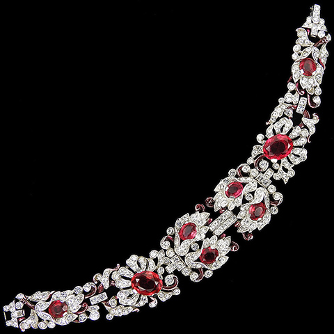 Trifari 'Alfred Philippe' 'Sunset Fire' Pave and Ruby Large Small and Double Row of Lily Flowers Link Bracelet