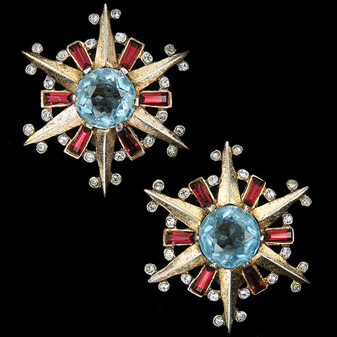 Trifari Sterling 'Alfred Philippe' Aquamarine and Ruby Baguettes Starburst Star Clip Earrings