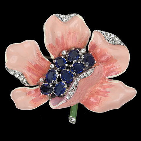 Trifari 'Alfred Philippe' Pave Enamel and Sapphires Pink Peony Flower Pin
