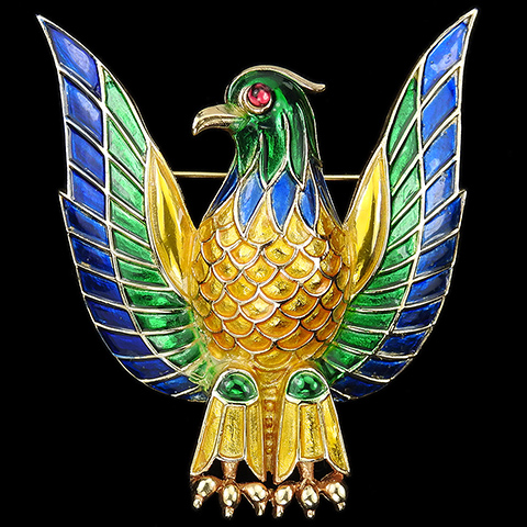 Trifari 'Alfred Philippe' Gold Green and Blue Metallic Enamel Eagle Bird Pin