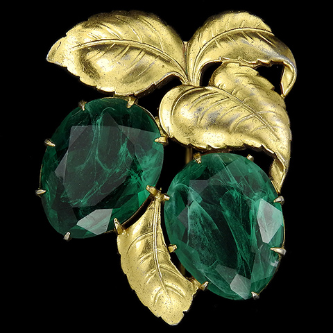 KTF Trifari 'Alfred Philippe' Gold Leaves and Teardrop Flawed Emerald Fruits Pin