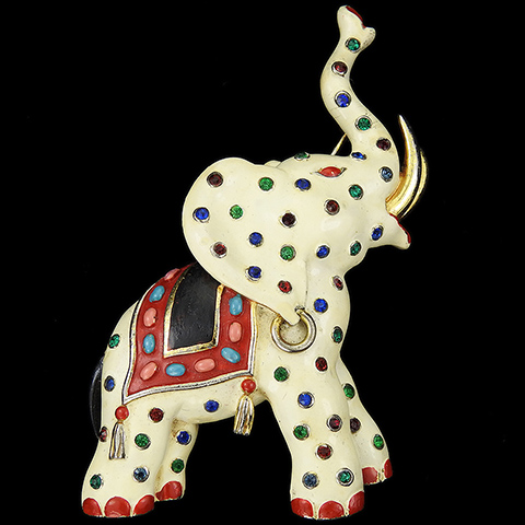 Trifari 'Alfred Philippe' Gold Enamel and Multicolour Spangles White Elephant Circus Pin