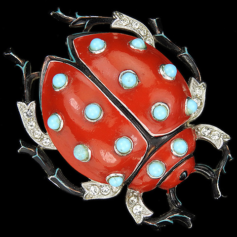 Trifari 'Alfred Philippe' Pave Red Enamel and Turquoise Cabochons Ladybug Pin Clip
