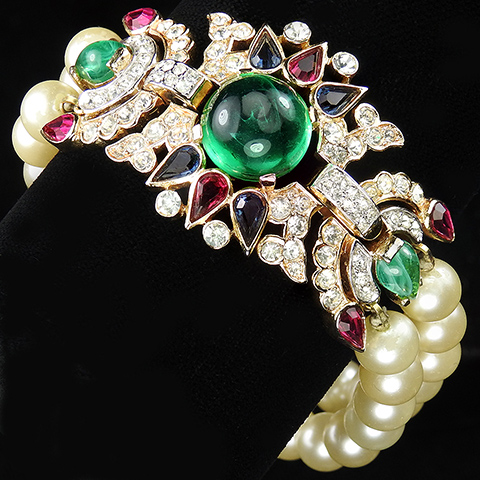 Trifari 'Alfred Philippe' 1960s Jewels of India Gold Pave and Tricolour Cabochons Double Stranded Pearl Bracelet