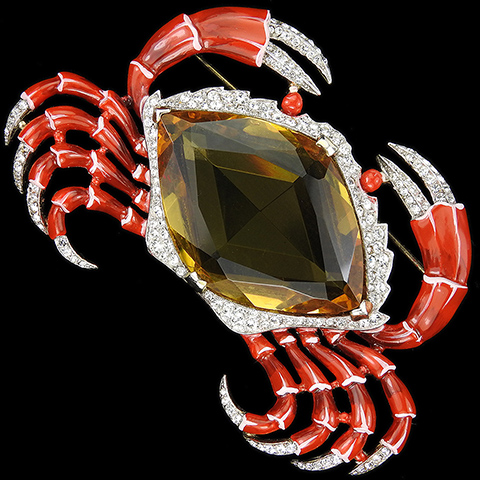Trifari 'Alfred Philippe' Gold Pave Red Enamel and Citrine Giant Crab Pin