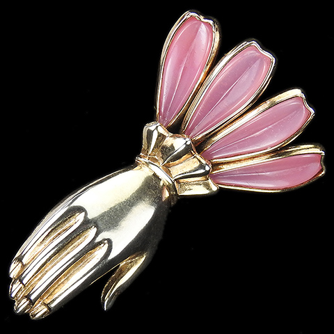 Trifari 'Alfred Philippe' Gold and Rose Quartz 'Petalettes' Gloved Hand Pin