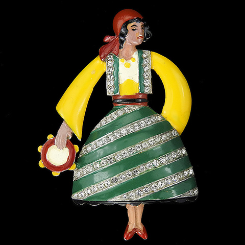 Trifari 'Alfred Philippe' Pave and Enamel Lady Gypsy Dancer with Tambourine Pin Clip