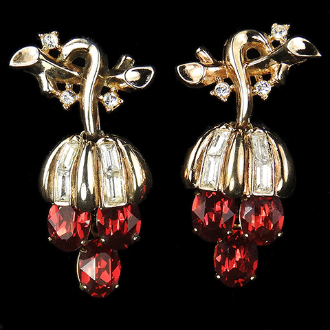 Trifari 'Alfred Philippe' Gold Diamante Baguettes and Triple Pendant Ruby Hanging Fruits Clip Earrings