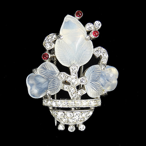 Trifari 'Alfred Philippe' White Moonstone Fruit Salads and Ruby Cabochons Flower Basket or Vase Pin Clip