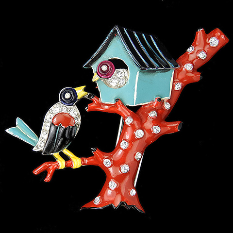 Trifari 'Alfred Philippe' Two Lovebirds in a Tree with Birdhouse Pin Clip