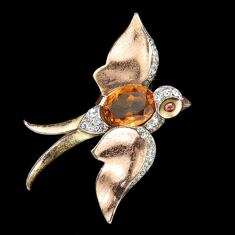 Trifari 'Alfred Philippe' Two Colour Gold Pave and Topaz Bird in Flight Pin Clip