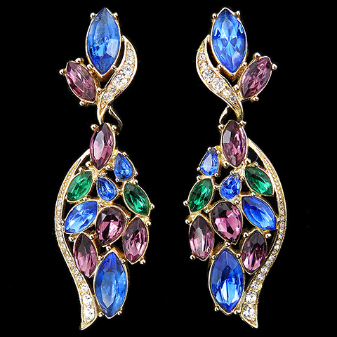 Trifari 'Alfred Philippe' Amethyst Sapphire and Emerald Swirl Pendant Pierced Earrings