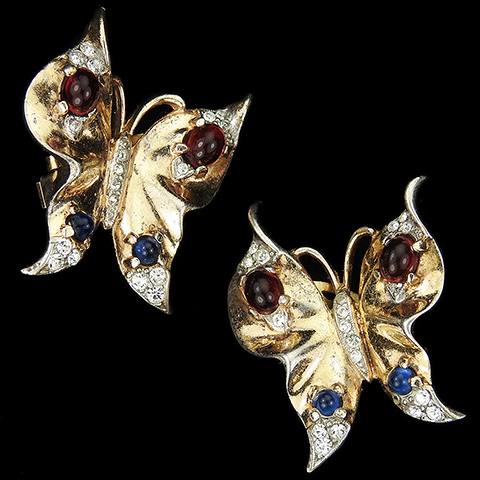 Trifari Sterling 'Alfred Philippe' Gold Pave and Ruby and Sapphire Cabochons Butterfly Clip Earrings