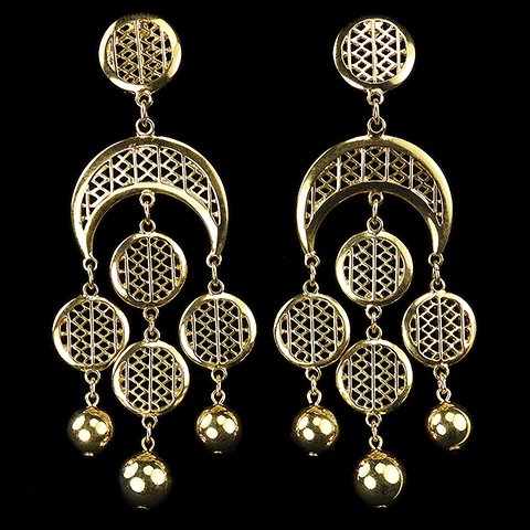 Trifari 'Alfred Philippe' Gold and Basketweave Circles Crescents and Golden Globes Multiple Pendant Clip Earrings