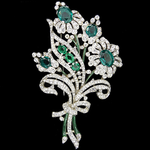 Trifari 'Alfred Philippe' Pave Enamel and Emerald Crystals Five Flowers Floral Spray Pin Clip