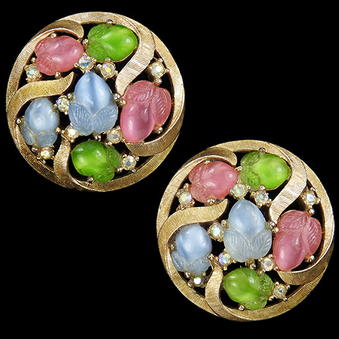 Trifari 'Alfred Philippe' 'Printemps' Gold Swirls Aurora Borealis Spangles and Six Pastel Fruit Salads Button Clip Earrings