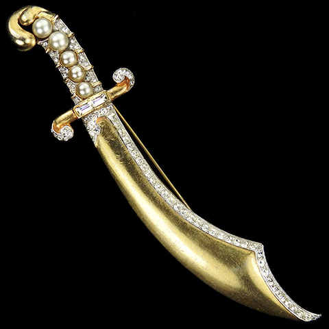Trifari 'Alfred Philippe' Gold Pave Baguettes and Pearls Scimitar Cutlass Sword Pin