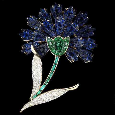 Trifari 'Alfred Philippe' Gold Pave and Invisibly Set Emeralds and Sapphires Blue Carnation Flower Pin
