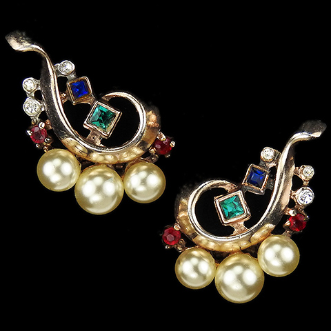 Trifari Sterling 'Alfred Philippe' Gold Ruby Sapphire and Emerald Royal Crown of Pearls Swirl Clip Earrings