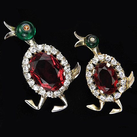 Trifari 'Alfred Philippe' Gold Pave Emerald Shoebutton and Ruby Pair of Large and Small 'Duke Sr' and 'Duke Jr' Walking Ducks Pins