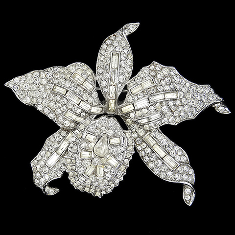 Trifari 'Alfred Philippe' Pave and Baguettes Diamante Orchid Trembler Pin