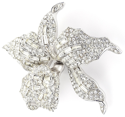 Trifari 'Alfred Philippe' Pave and Baguettes Diamante Orchid Trembler Pin