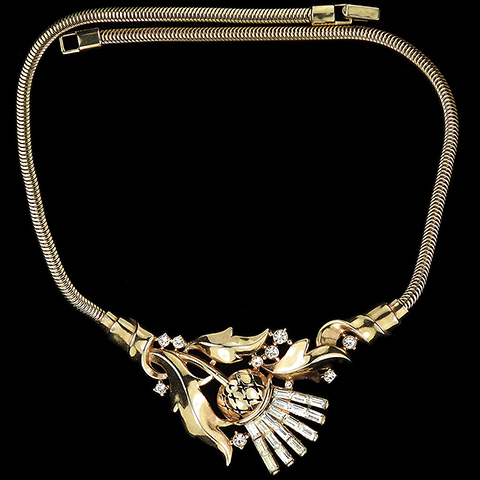 Trifari 'Alfred Philippe' Gold and Baguettes Openwork Scottish Thistle Choker Necklace