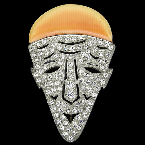 Trifari and Krussman Deco Pave Pierrot Face Mask with Yellow Pink Bakelite Domed Hat Pin