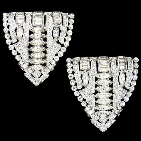 KTF Trifari 'Alfred Philippe' Pair of Pave Baguettes and Line of Navettes Openwork Deco Shield Dress Clips