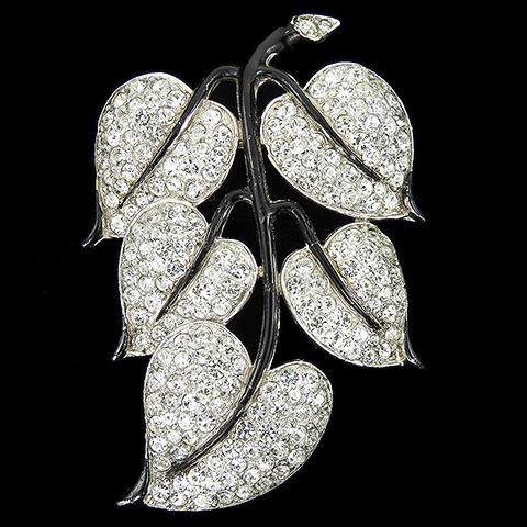 Trifari 'Alfred Philippe' Pave Heart Shaped Leaves on a Black Enamel Branch Dress Clip