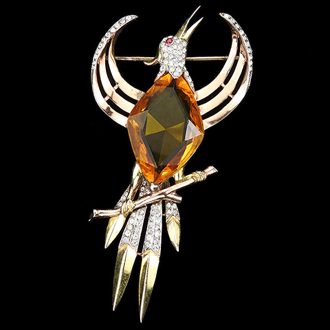 Trifari Sterling 'Alfred Philippe' Pave Two Colour Gold and Faceted Topaz Belly Bird of Paradise Pin