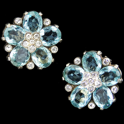 Trifari Sterling 'Alfred Philippe' Gold and Aquamarine Floral Clip Earrings