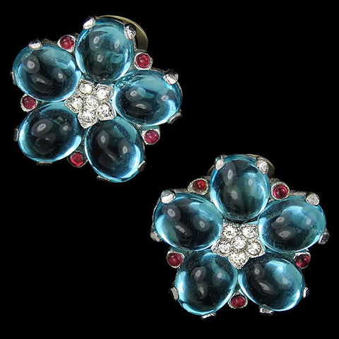 Trifari 'Alfred Philippe' Iridescent Aquamarine Cabochons Pastel Five Petalled Flower Clip Earrings