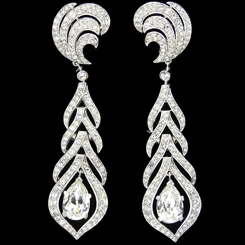 Trifari 'Alfred Philippe' Pave Crescents Leaves and Trapeze Diamante Teardrop Giant Pendant Clip Earrings 
