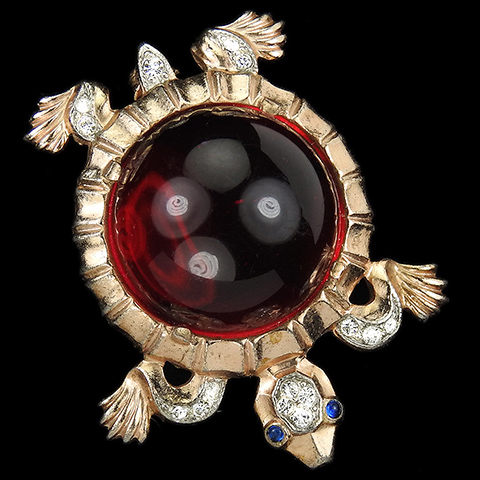 Trifari Sterling 'Alfred Philippe' Small Circular Red Tinted Lucite Jelly Belly Turtle Pin